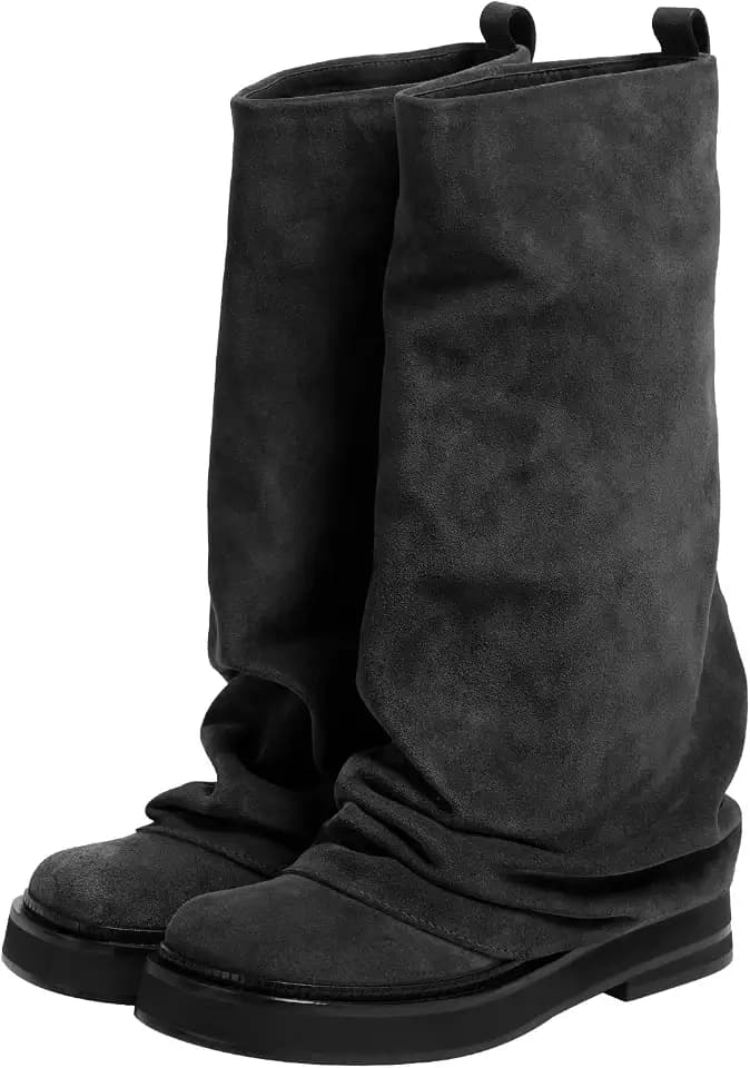 MAVMAX Women Slouchy Knee High Boots Casual Round Toe Pull On Riding Biker Boots Fold Over Chunky Low Heel Platform Boot