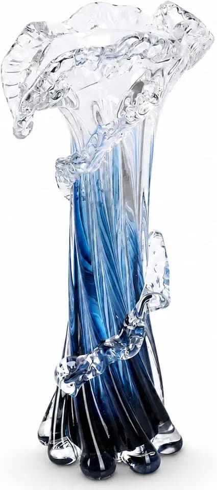 12" H Blue Blown Glass Vase, Modern Art Hand Blown Coastal Vase,Beautiful Unique Ocean Wave Centerpieces for Living Room, Bedroom, Office Desktop,Coffee Table and Wedding Decorative (L)