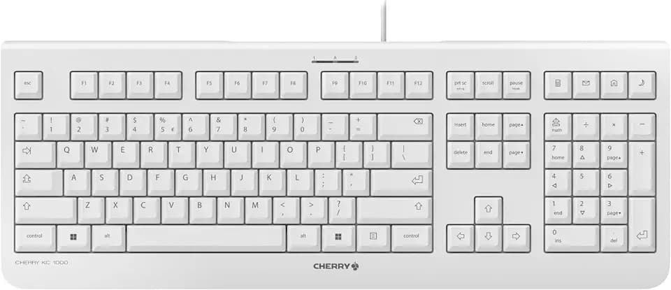 Cherry KC 1000, Wired Keyboard with Number Pad for PC/Laptop, Plug & Play (USB-A Connection), Slim Design, Whisper Quiet Typing, 4 Hot Keys, QWERTY, Pale Gray