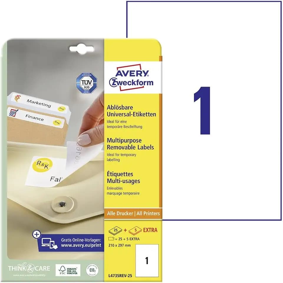 AVERY Zweckform L4735REV-25 Universal Etiketten (25 plus 5 Klebeetiketten extra, 210x297mm auf A4, wieder rückstandsfrei ablösbar/abziehbar, bedruckbar, selbstklebende Aufkleber) 30 Blatt, weiß