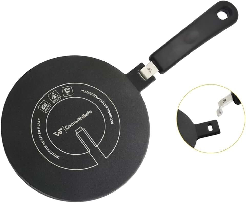 ComwithSafe Induktionsadapter, 24 cm, mit abnehmbarem Griff, isoliert, ändert die Farbe nach Gebrauch nicht, Heizverteiler mit hoher Temperaturbeschichtung, Schwarz – Induktions-/Gas-Relaisscheibe