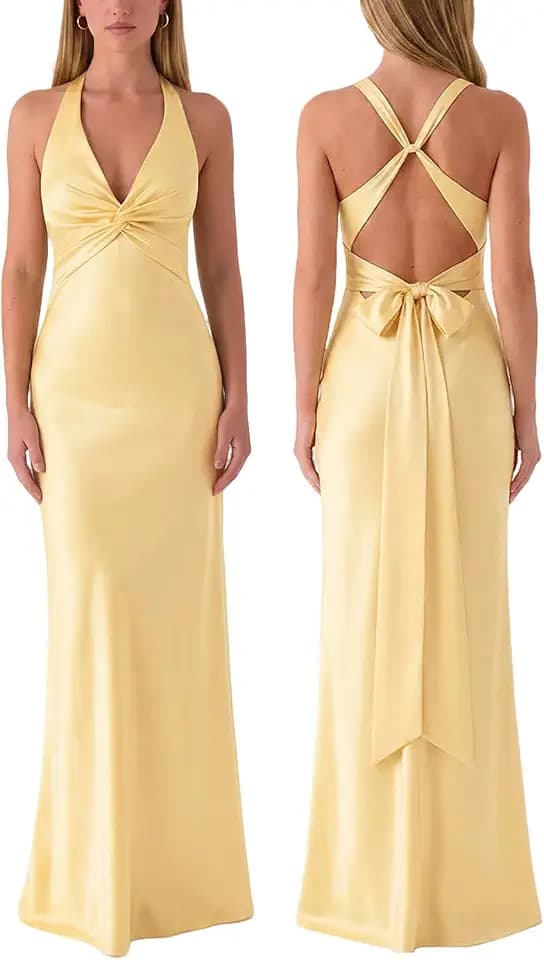 Women's Satin V Neck Backless Sleeveless Bridesmaid Dresses