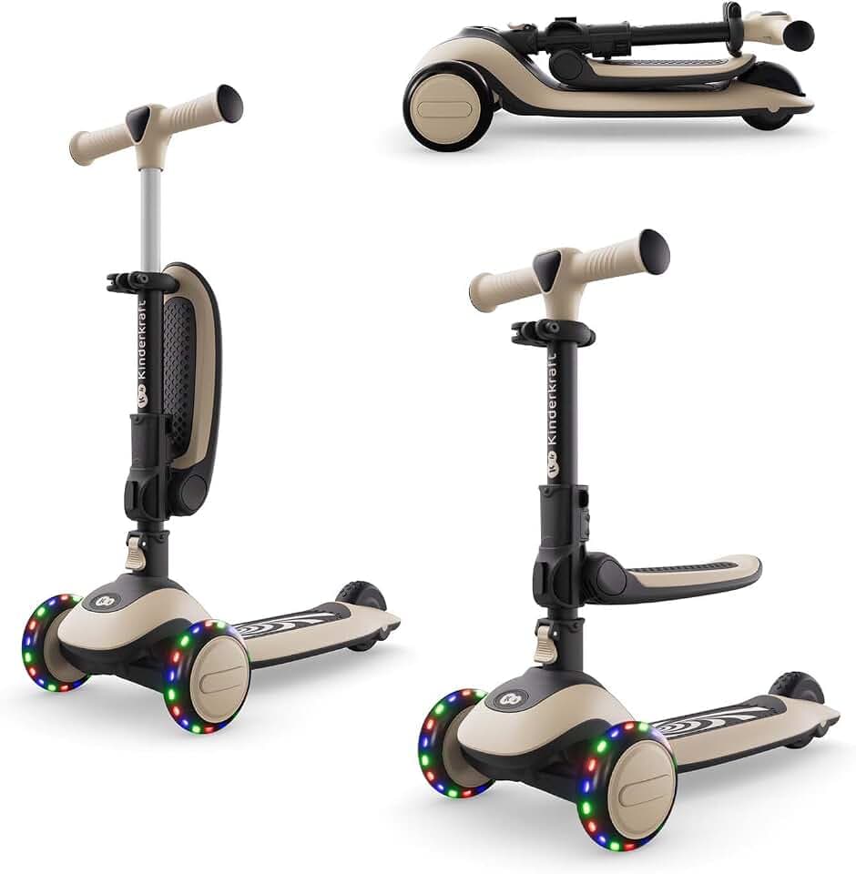 Kinderkraft Halley 2 Balance-Scooter 2-in-1, Sitz höhenverstellbar (25-33 cm), 4-Fach Verstellbarer Lenker, LED-Räder, klappbar, ab 18 Monate, rutschfeste Trittflächen, Weiß