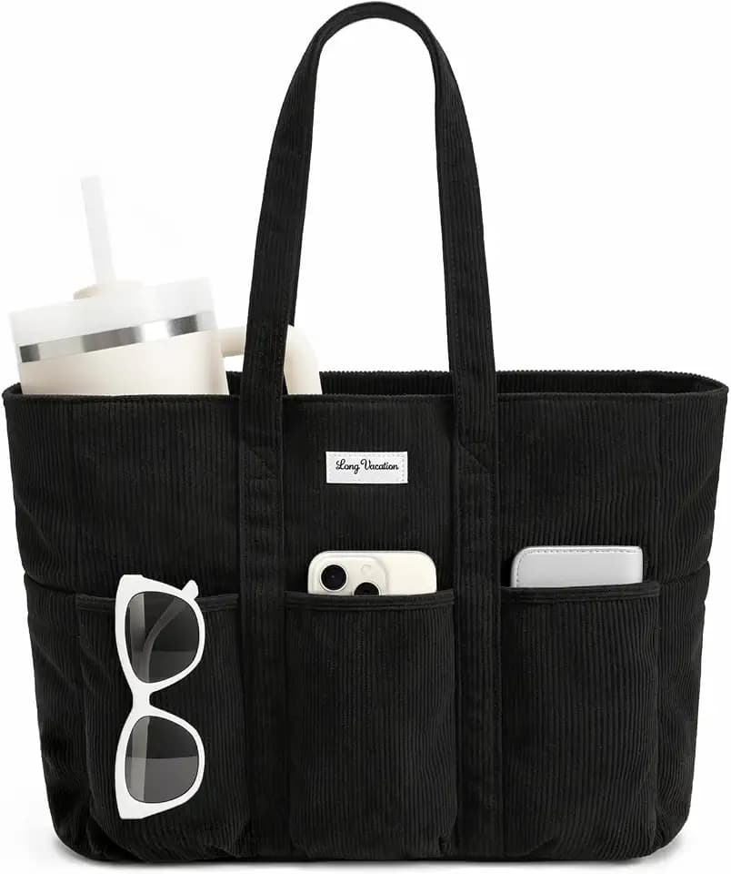 LONG VACATION Corduroy Tote Bag for Women, 16 Pockets Large Work Laptop Bag