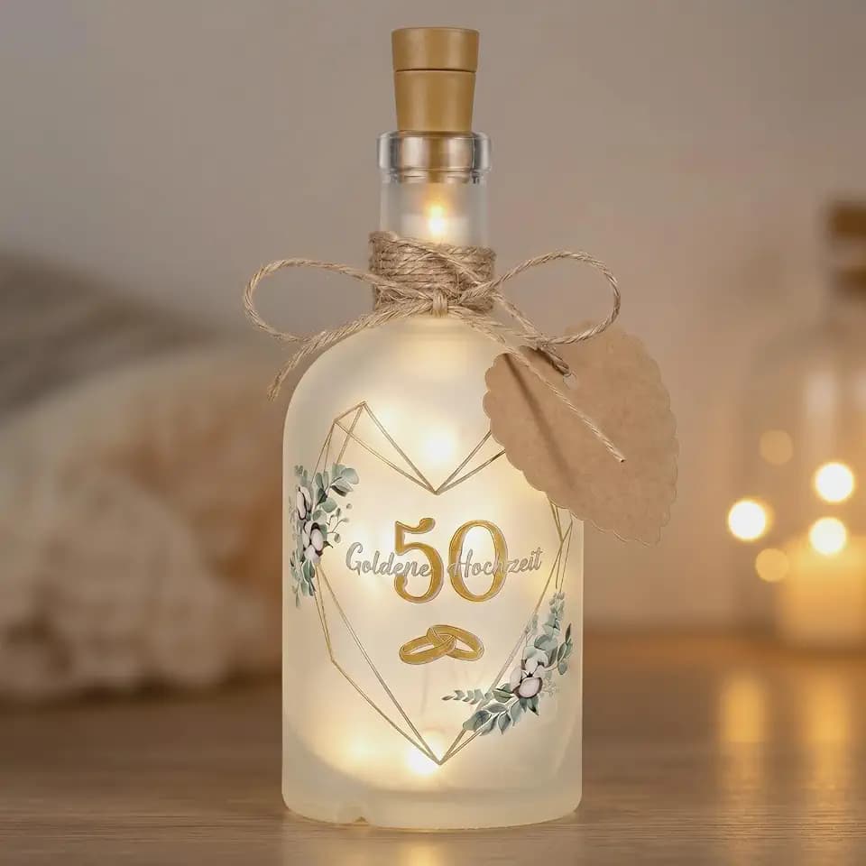 BBTO LED Flaschenlicht Goldene Hochzeit | Dekoflasche für Geldgeschenke zum 50. Hochzeitstag, Geschenk für Eltern und Paare, Silberhochzeit und Jubiläum
