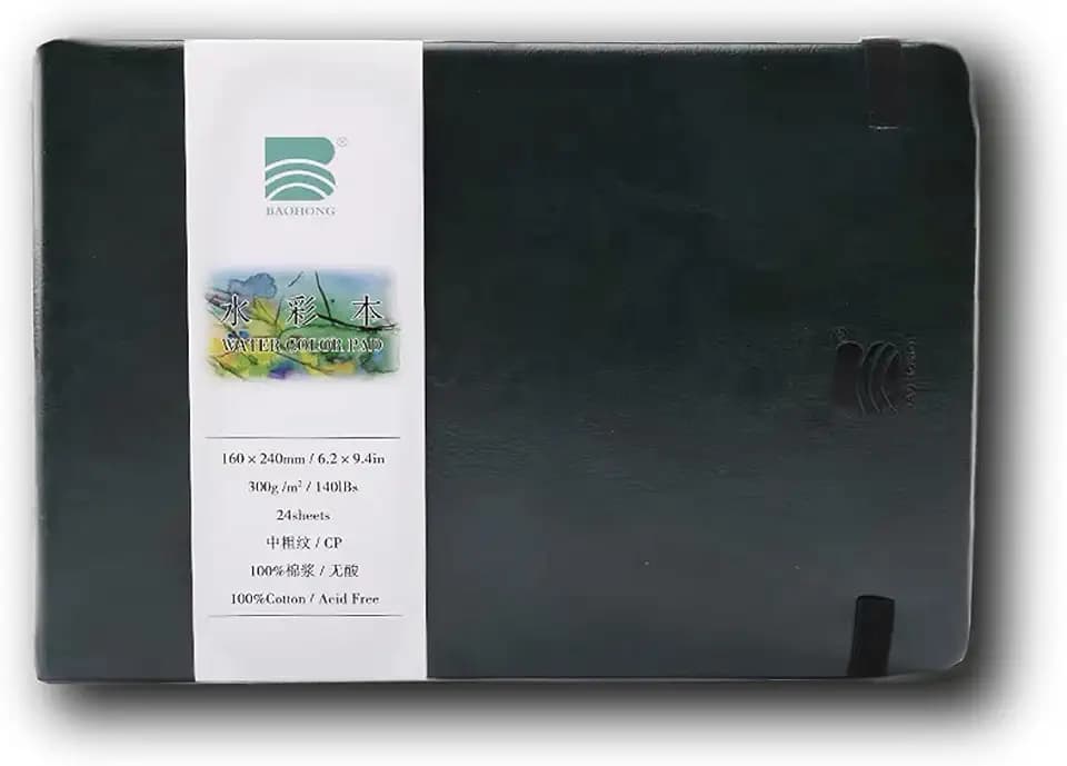BAOHONG ACADEMY' Watercolor Journal, PU Leather Cover, 24 Sheets Sized 6.2" x 9.4", Cold Press Academy Grade Watercolor Paper, 100% Cotton 140 lb (300 GSM), Travel Art Journal