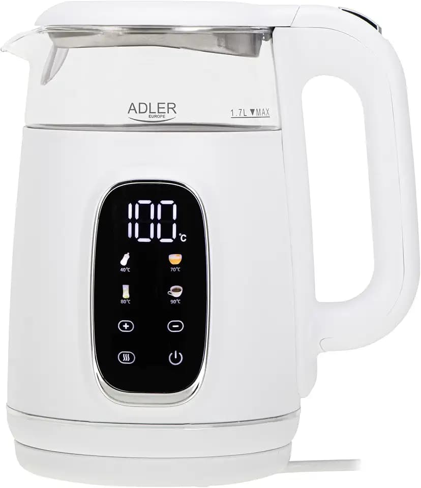 Adler Wasserkocher mit Temperatureinstellung 2200W – Wasser Kocher 1,7L mit LED-Display und Touchpanel – 5 Temperaturprogramme – mit Warmhaltefunktion - Wasserkocher mit Filter