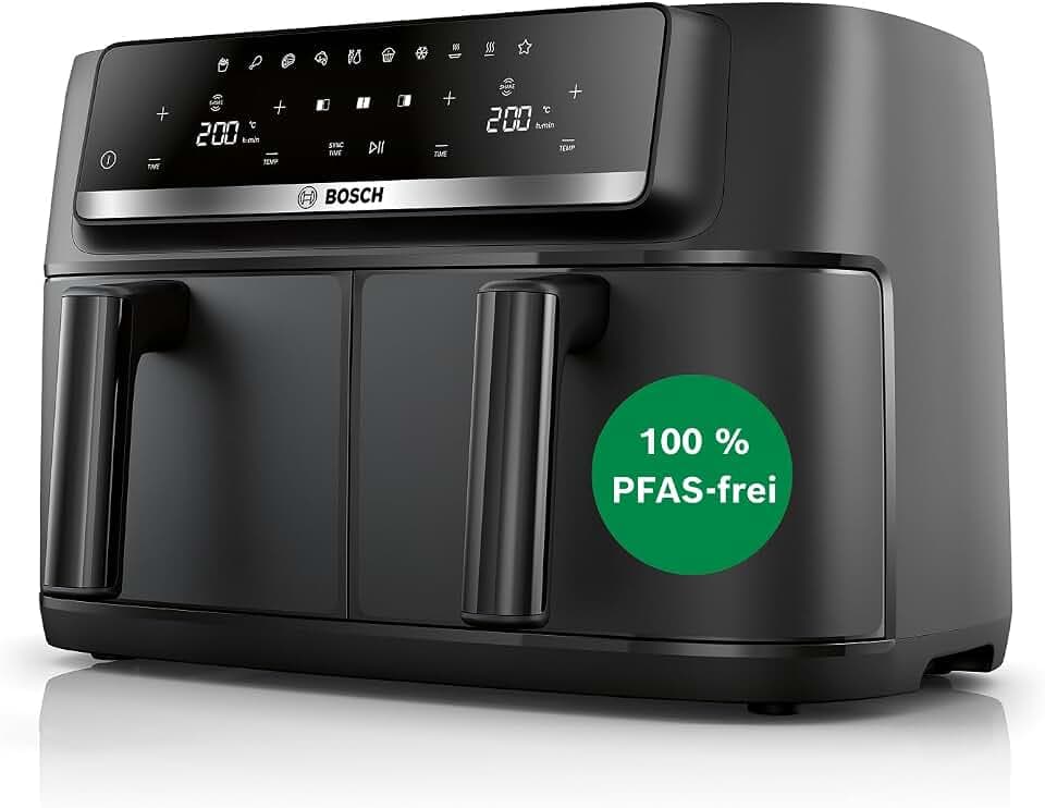 Bosch Heißluftfritteuse Serie 4, Doppelkammer, 9L (2 * 4,5L) Airfryer Dual, 6 Programme, bis zu 230 Grad, spülmaschinengeeignet, PFAS frei, Schwarz, MAFD440B0