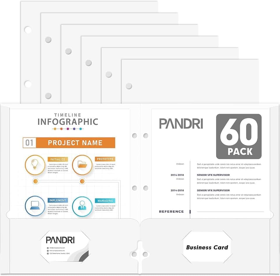 PANDRI Two Pocket Portfolio Paper Folders, 60 Pack, Letter Size, White