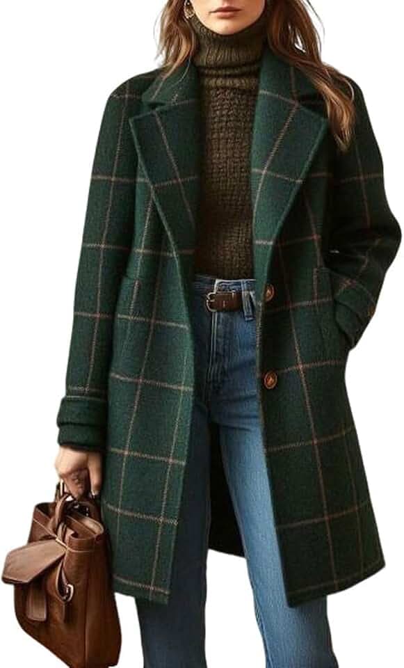 utcoco Women's Plaid Long Coat Lapel Button Down Warm Winter Overcoat