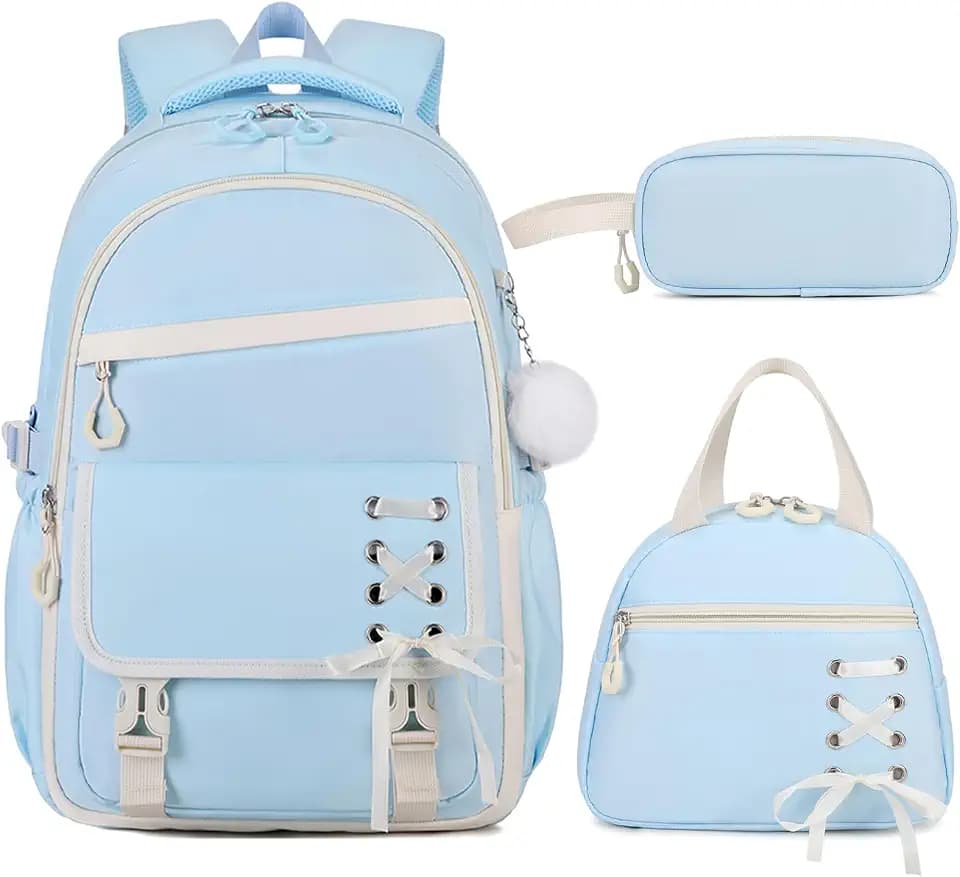 Scothen 3PCS Girls Backpack for School, Kids Backpack for Girls with Lunch Bag Pencil Case, Kids Bookbag Teen Backpacks for Elementary Middle High School (Blue)