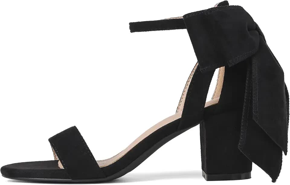 Women's Heeled Sandals Black Bow Round Open Toe Buckle Chunky Block Heel Comfortable Wedding Dress Shoes