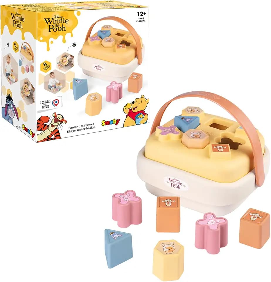 Smoby Little Winnie Puuh Formen-Steckspiel-Korb - Lern- und Motorikspielzeug mit 8 Formen, Tragegriff, zum Farben- und Formenlernen, ab 12 Monaten
