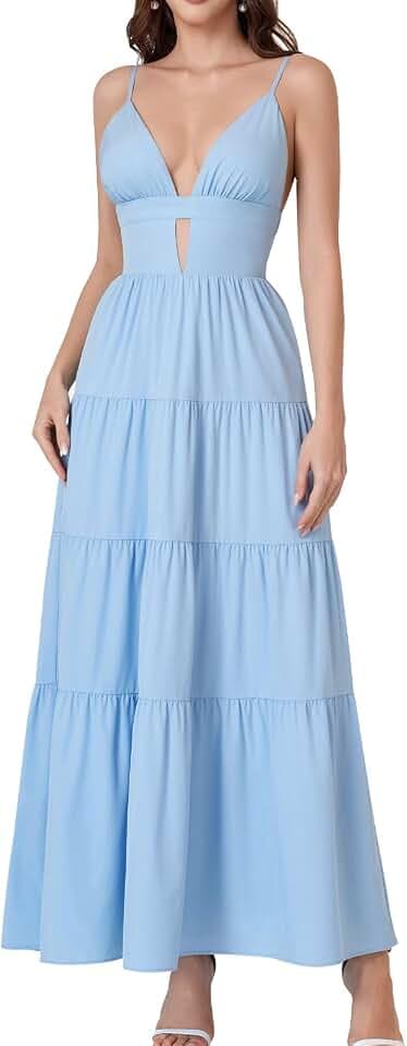 GLNEGE Summer Floral Wedding Guest Maxi Dress Spaghetti Straps V Neck Flowy Beach Dresses Cutout Vacation Sundress for Women