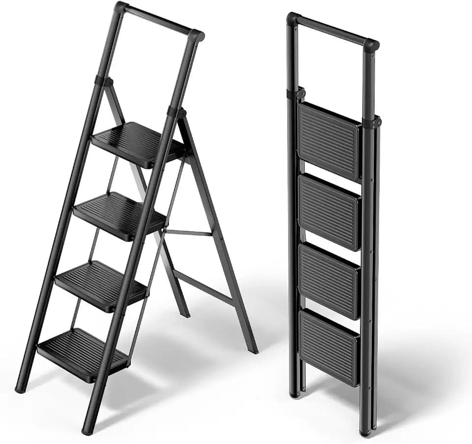 WOA WOA 4 Step Foldable Step Stool with Handrail, 330lbs Load, Black