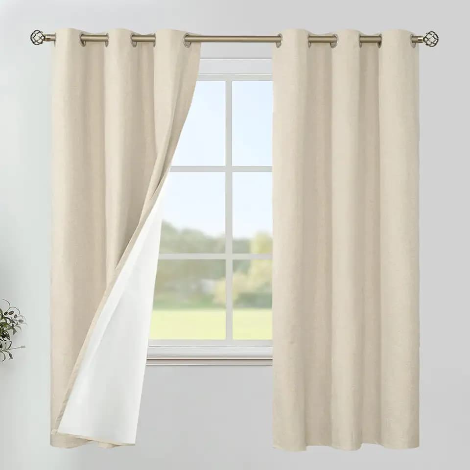 Natural Beige Linen 100% Blackout Curtains 42 X 63 Inch for Bedroom