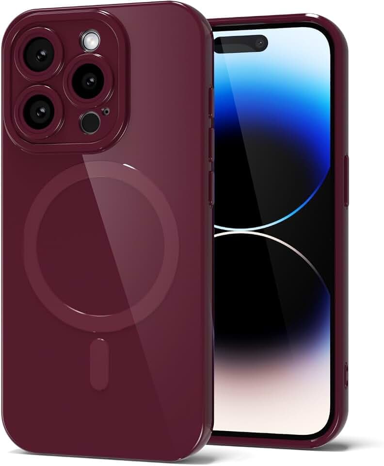 Svanove for iPhone 14 Pro Phone Case Silicone Magnetic, Compatible with Magsafe Case Cute for Women, Girly Glossy Jelly Thin Slim Hard Plastic Mag Safe & Camera Cover Protection, Burgundy Maroon