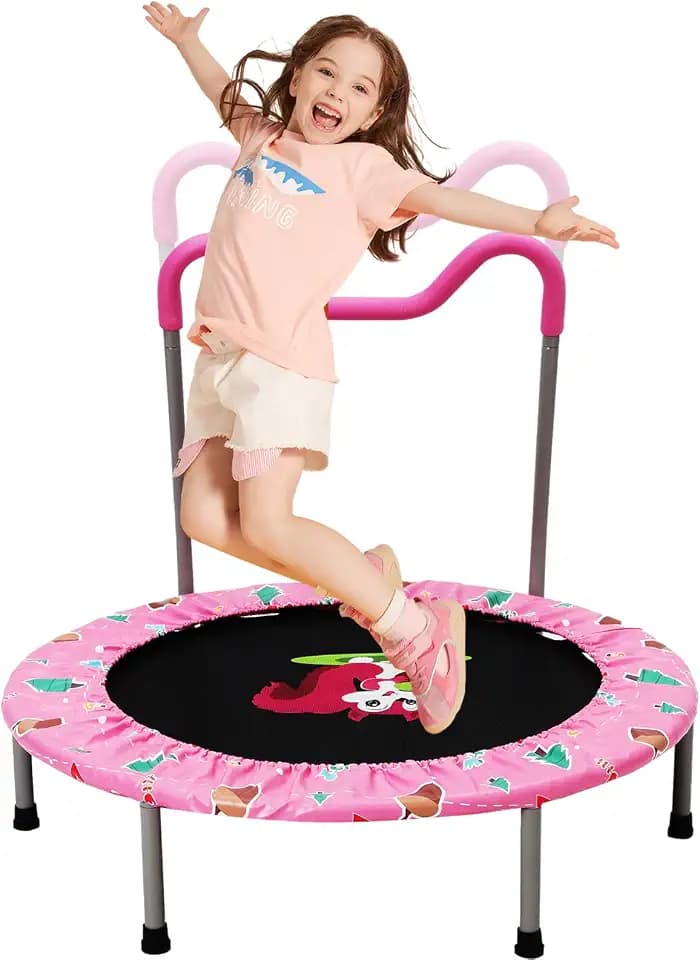 Hüpftrampolin für Kinder mit Schaumstoffgriffen, Kindertrampolin mit verstellbaren Griffen, Klapptrampolin für drinnen und draußen, Fitnesstrampolin für Kinder ab 3 Jahren (Pink)