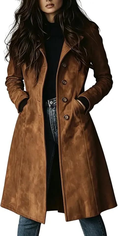 utcoco Womens Long Suede Leather Single Breasted Trench Coat with Pocket