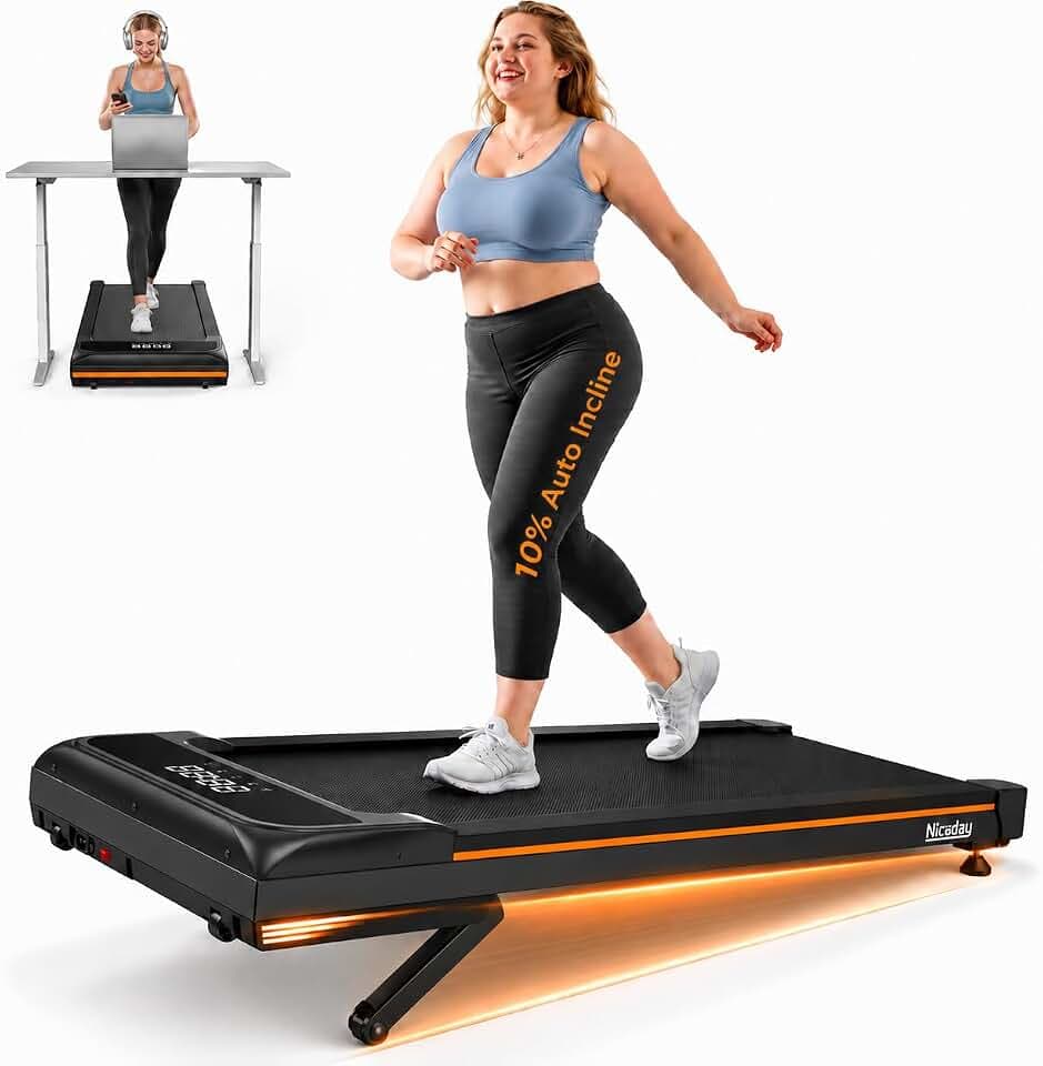 Niceday Walking Pad Treadmill with 10% Auto Incline, 400lbs Capacity, Under Desk Treadmill for Home Office, 3HP Super Quiet, Magnetic Remote & Preset Goal, Orange
