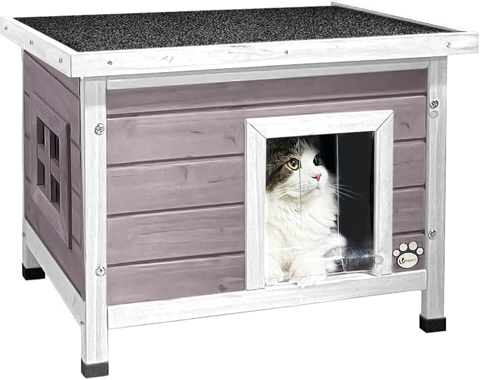 VOUNOT® Katzenhaus aus Holz, Katzen Haus mit Asphaltdach, Katzenhütte für Draussen Outdoor 57 x 45 x 43 cm, Grau