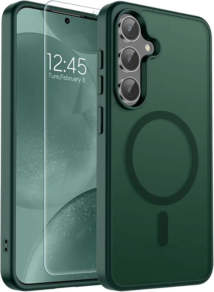 SUPFINE Magnetic for Samsung Galaxy S24 Plus Case / S25 Plus Case with Screen Protector, (Built-in Magnets) (Military Grade Drop Protection) Slim Translucent Shockproof Phone Case,Forest Green