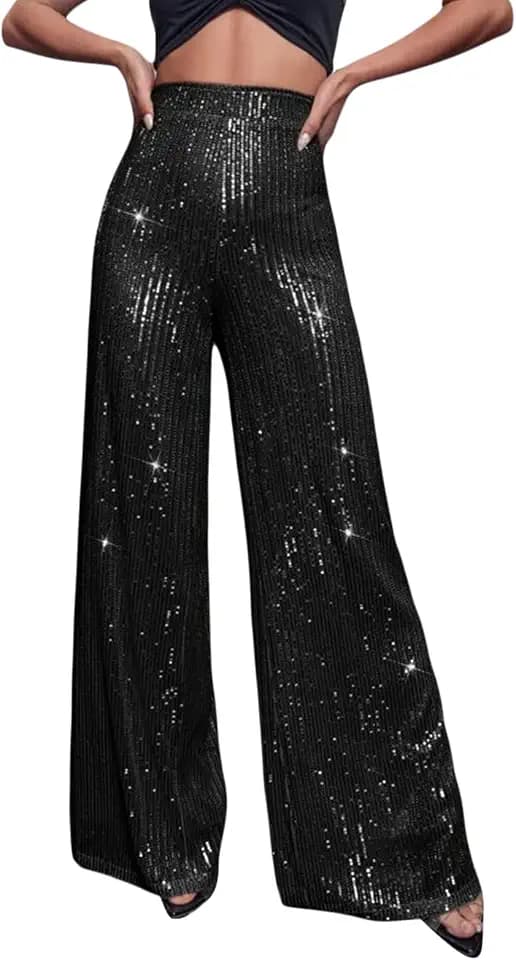 Himllauen Damenhose mit Pailletten, weites Bein, elegant, einfarbig, glänzend, hohe Taille, Frühling, Herbst, lockere Hose für Club, Party, Streetwear, ästhetische Kleidung