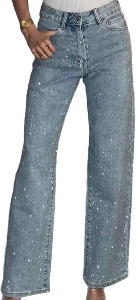 LETSVDO Women's Rhinestone Jeans Baggy High Waisted Y2k Straight Wide Leg Sparkly Glitter Bling Denim Pants Trousers