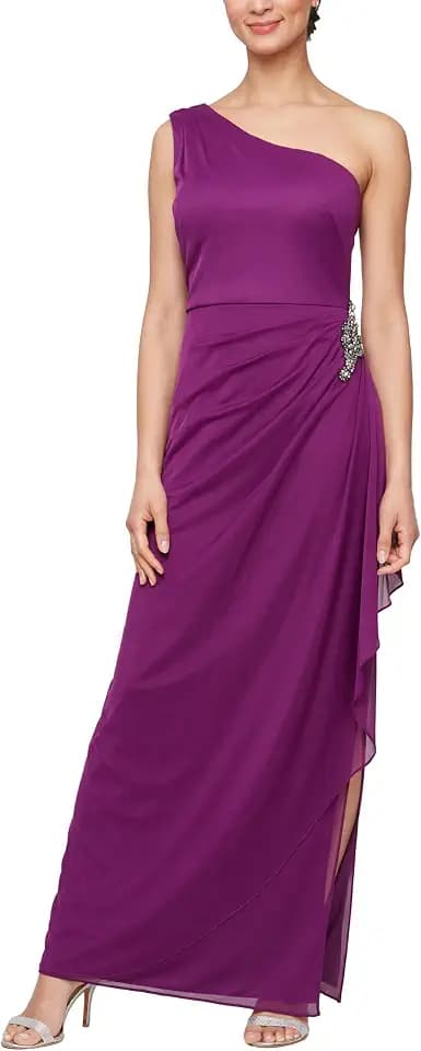 Alex Evenings Women's Long Cold Shoulder Dress, Wedding Guest, Prom, Formal Event (Petite and Regular Sizes)