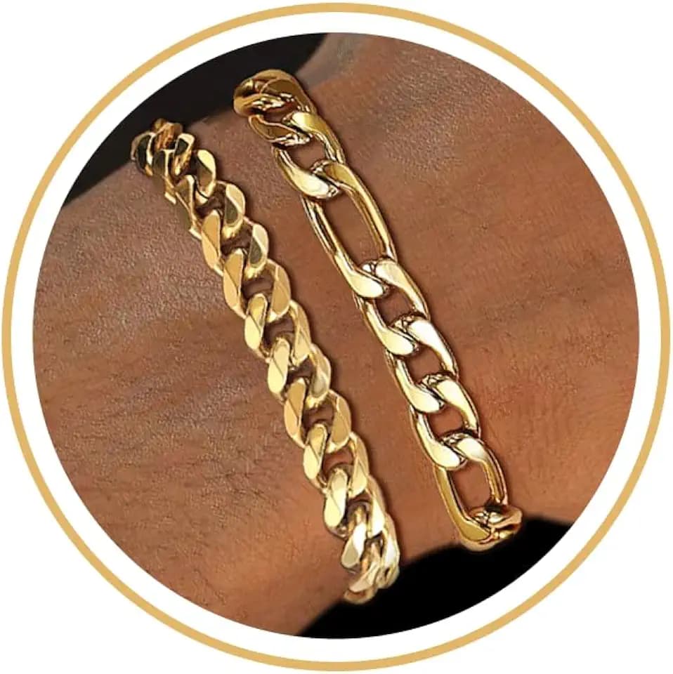2Pcs Stainless Steel Bracelets for Men 14K Gold Plated Cuban Link Figaro Rope Silver Chain Bracelet Set Curb Width Sturdy Bracelet 7.5/8.3/9 Inches Jewelry Gifts for Husband