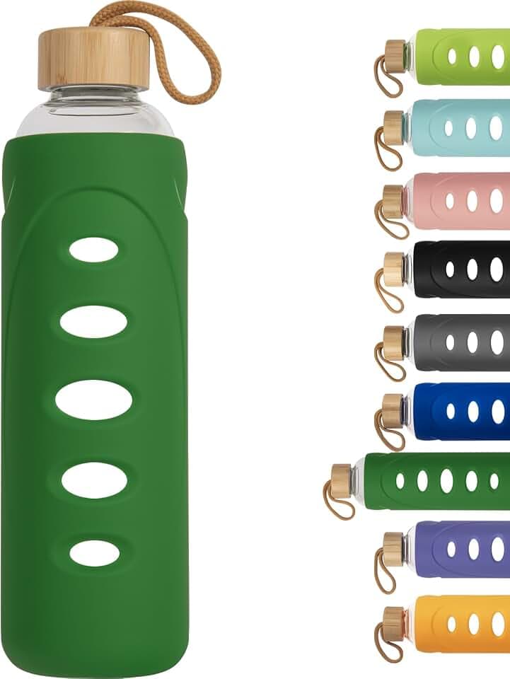 32 oz Narrow Mouth Glass Water Bottle with Windowed Silicone Sleeve