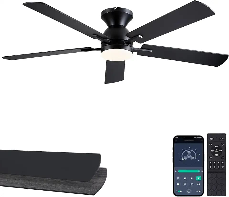 NKPU 52 Inch Low Profile Ceiling Fans with Lights, Black