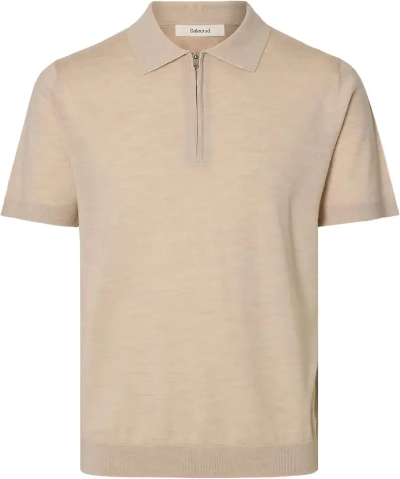SELECTED MEN Herren Slhtray Ss Knit Half Zip Polo Noos, Oatmeal, M