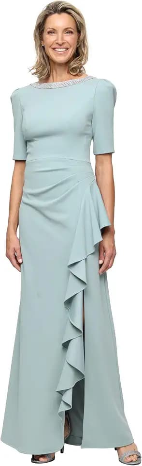 Alex Evenings Women's Long Embellished Neck Mother of the Bride Dress with Elbow Puff Sleeve (Petite and Regular Sizes)