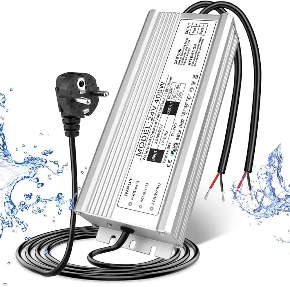 LED Trafo 24V 400W IP67, Outdoor Wasserdicht Transformator mit Stecker, Netzteil Treiber 230V auf DC 24 Volt Adapter, LED Driver Außen für LED-Streifen Lampen Strahler Lichtbänder