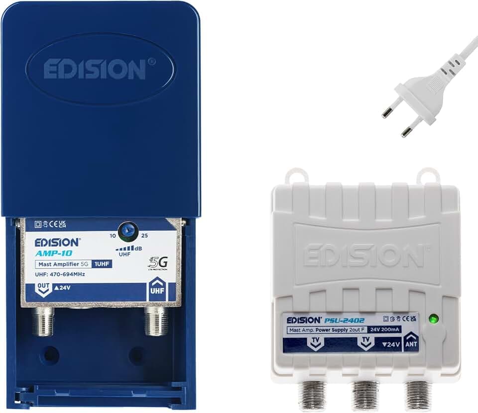 EDISION MAK-100 Kit: Mastverstärker 1UHF, 10-25db, 107dBmV, 24V, für Digitale Terrestrische DVB-T/T2 Antennnen geeignet, 5G LTE Filter + Netzteil 24V 200mA F 2 Ausgänge