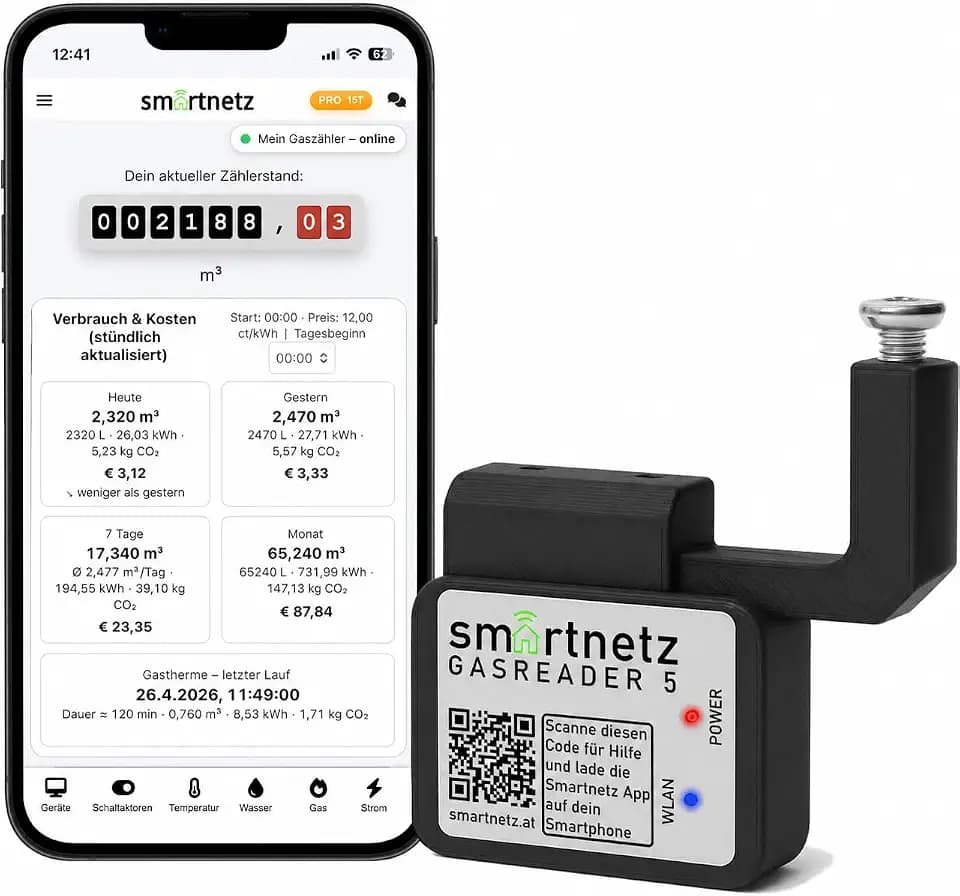 Gaszähler Reader – Gasverbrauch & Kosten live in der App – Plug & Play für BK Gaszähler – WLAN Smart Gas Meter