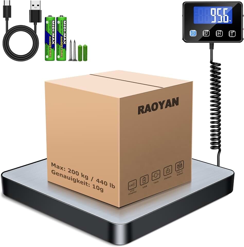 Paketwaage, 200kg/10g Hochpräzise Digitale Plattformwaage mit Halte/Tara Funktion, Postwaage mit Wandmontiertem LCD Display für Pakete/Lager/Gepäck