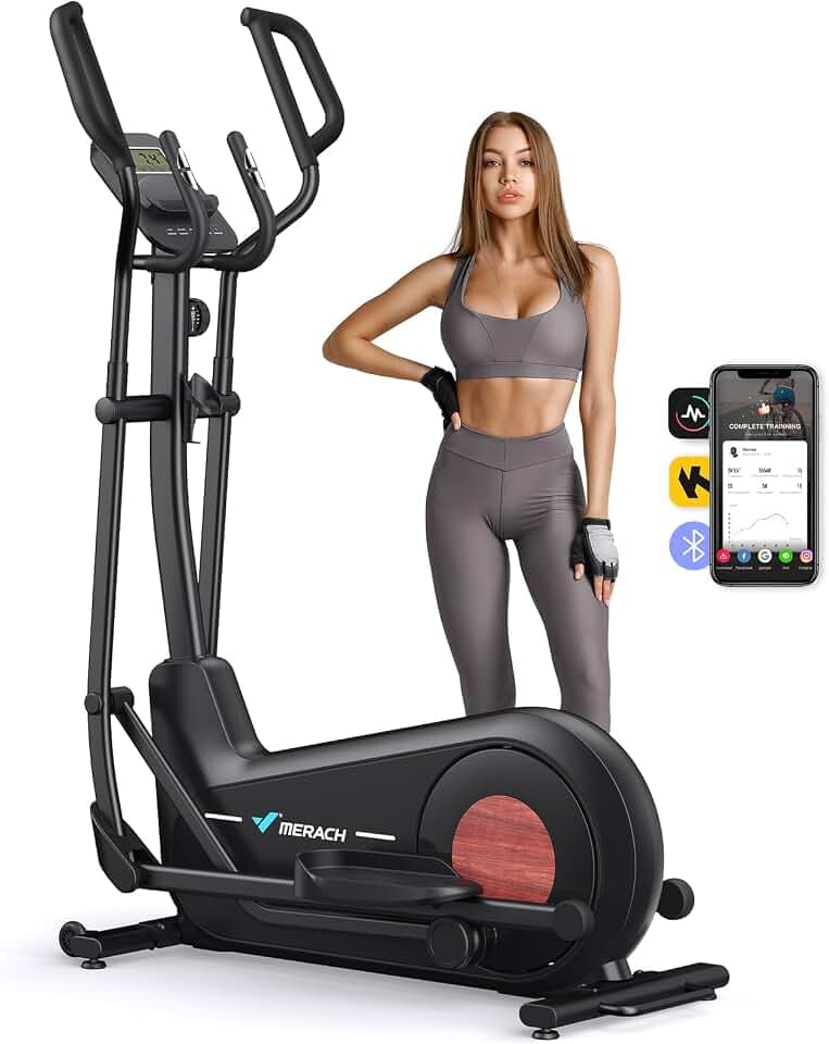 MERACH Crosstrainer für Zuhause mit 47 cm Schrittlänge, Ultraleise Ellipsentrainer mit Magnetwiderstand, 8-16 Widerstandsstufen, für Effektives Ausdauertraining, Mit Eigener App, Belastbar Bis 180 KG