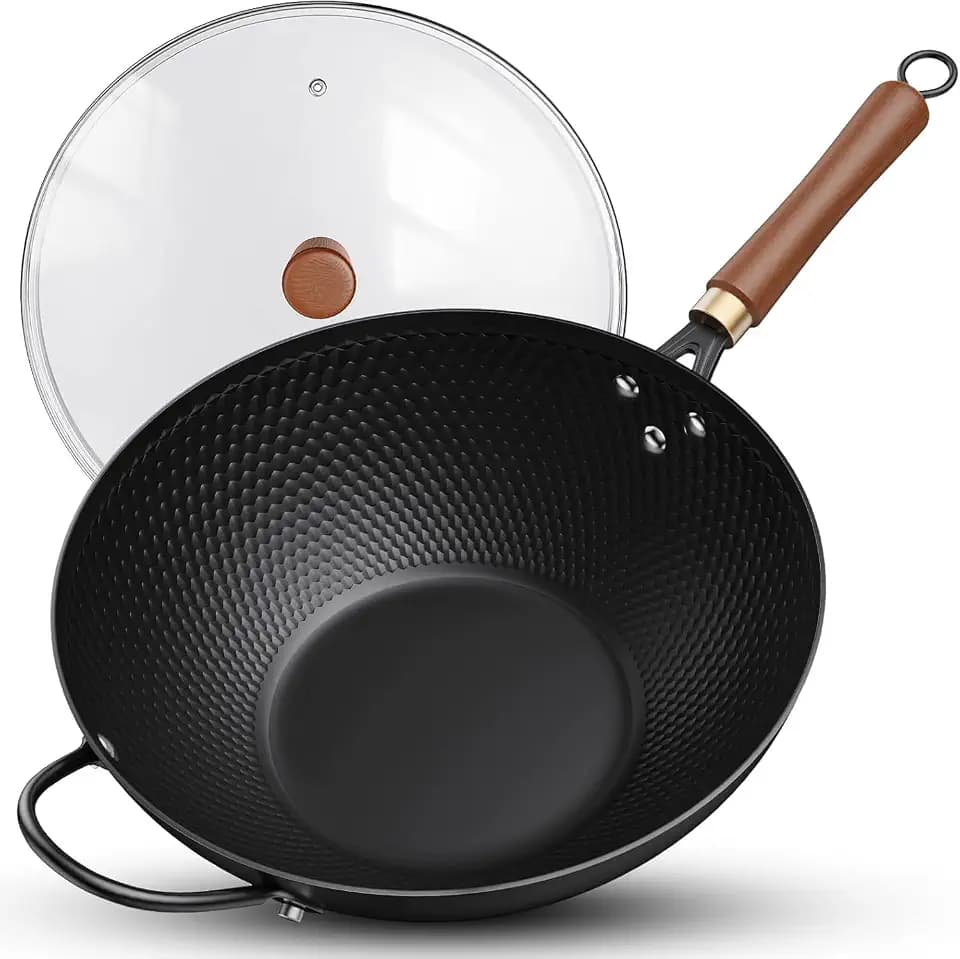 Jobin 33cm Wokpfanne mit deckel, Orbehandelter Karbonstahl Woks & Wokpfannen, Chemiefreie Beschichtung, Hilfsgriffen aus Holz und Stahl, Flacher Boden, Wok für Induktionsherd, Elektro, Gas