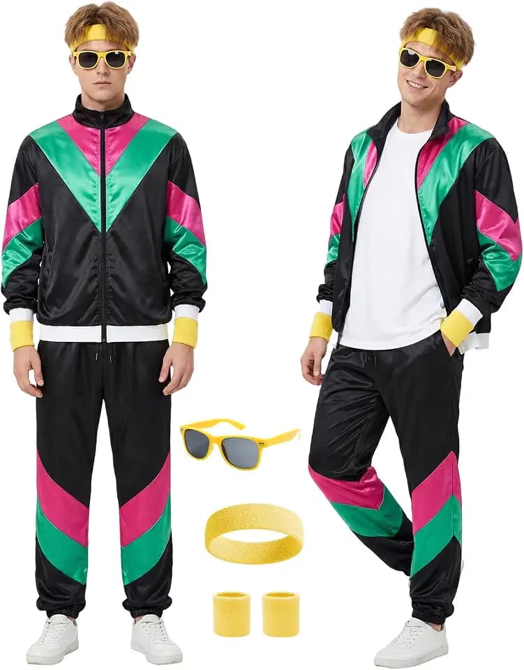 Retro 80s 90s Tracksuit Costume Men,5 Pcs Color Block Windbreaker Hip Hop Outfit with Headband Wristbands Sunglasses