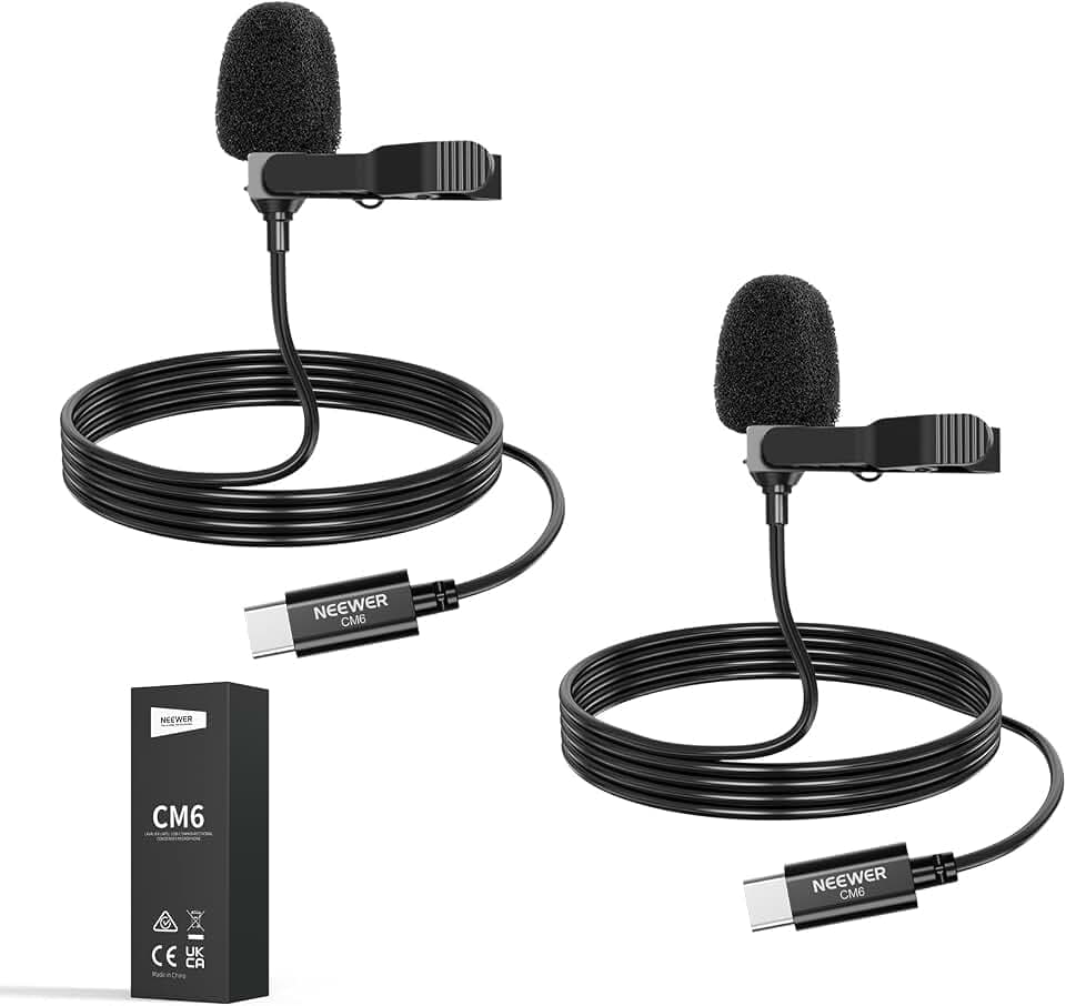 NEEWER Mini USB C Lavalier Mikrofon 2er Pack Kompatibel mit iPhone 16 15 Pro Max Android Handy Tablet PC, Ansteckbares omnidirektionales Kondensator Ansteckmikrofon mit 2m/6,6ft Kabel
