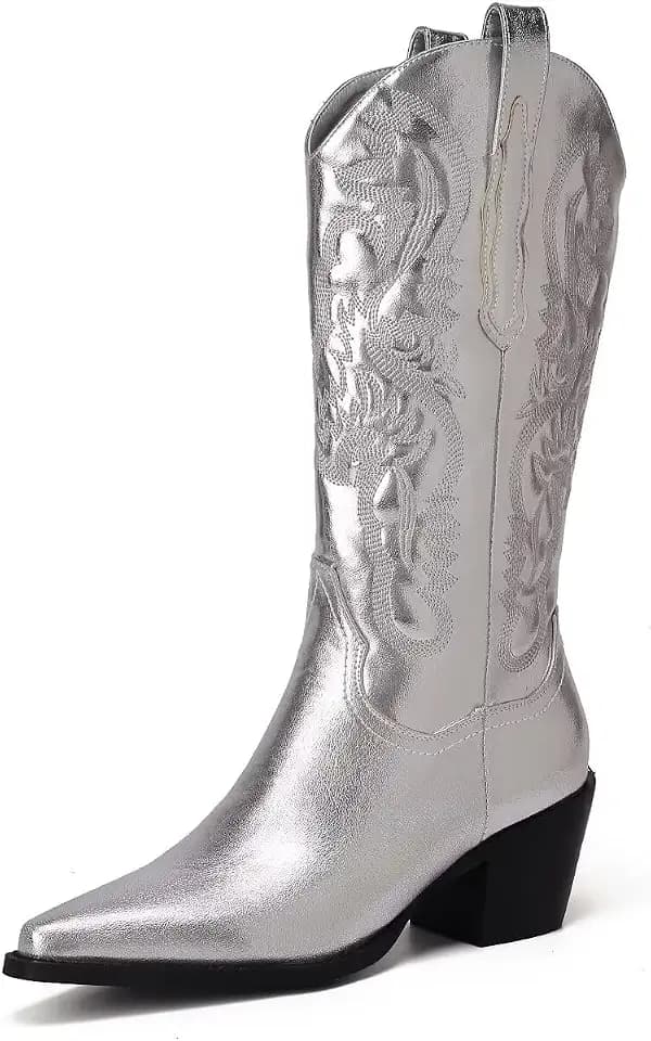 CIERWS Women's Embroidered Western Gold Cowboy Boots Mid Calf Metal PU Medium Heel Gold Cowgirl Boots Women