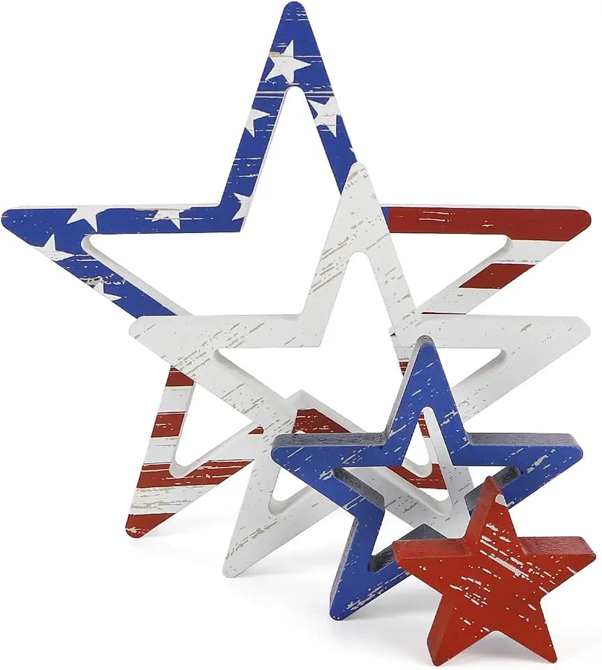 COCHIE 4th of July Decorations Stars Set of 4, Red White Blue Decor, Patriotic Memorial Day Star Tiered Tray Decor, Labor Day Fourth of July Decoration for Home Office Table Shelf (Retro Flag)