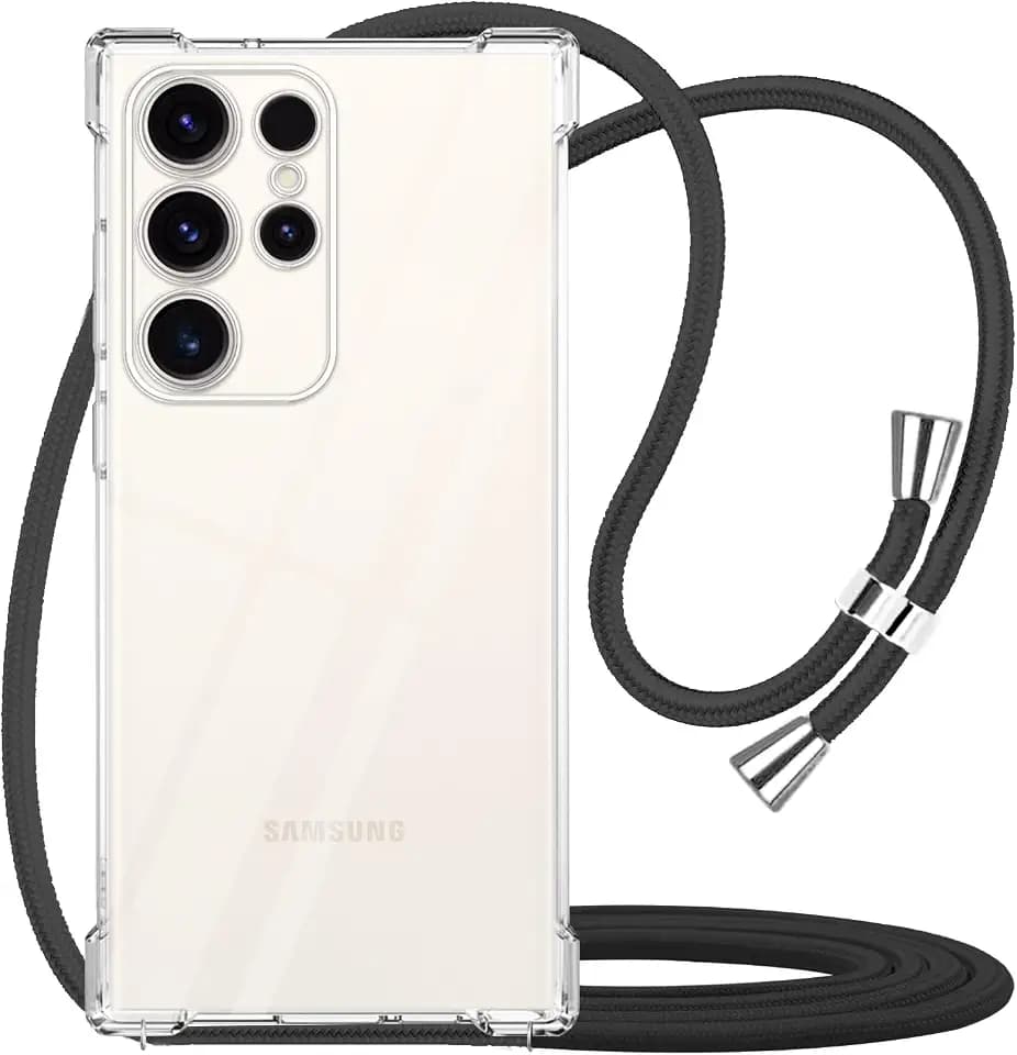 for Samsung Galaxy S23 Ultra Crossbody Strap Clear Case with Adjustable Lanyard Soft TPU Bumper Anti-Yellow Shockproof Protective Cover for Galaxy S23 Ultra - Black