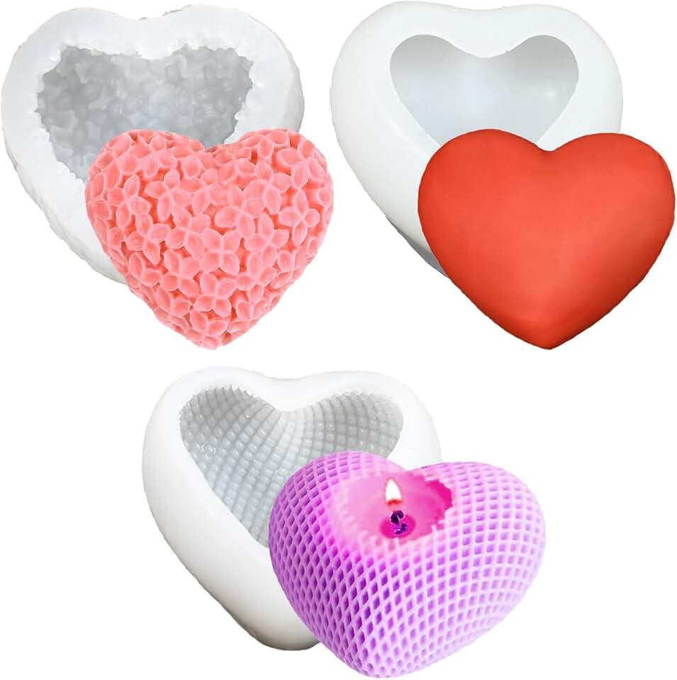 3 Stück Silikonform Herz, Silikonformen Gießformen, Epoxidharz Formen, Kerzenform, Seifenformen, für die Herstellung von Duftkerzen, Seifen, Gips Harzhandwerk, Blumen Konservieren
