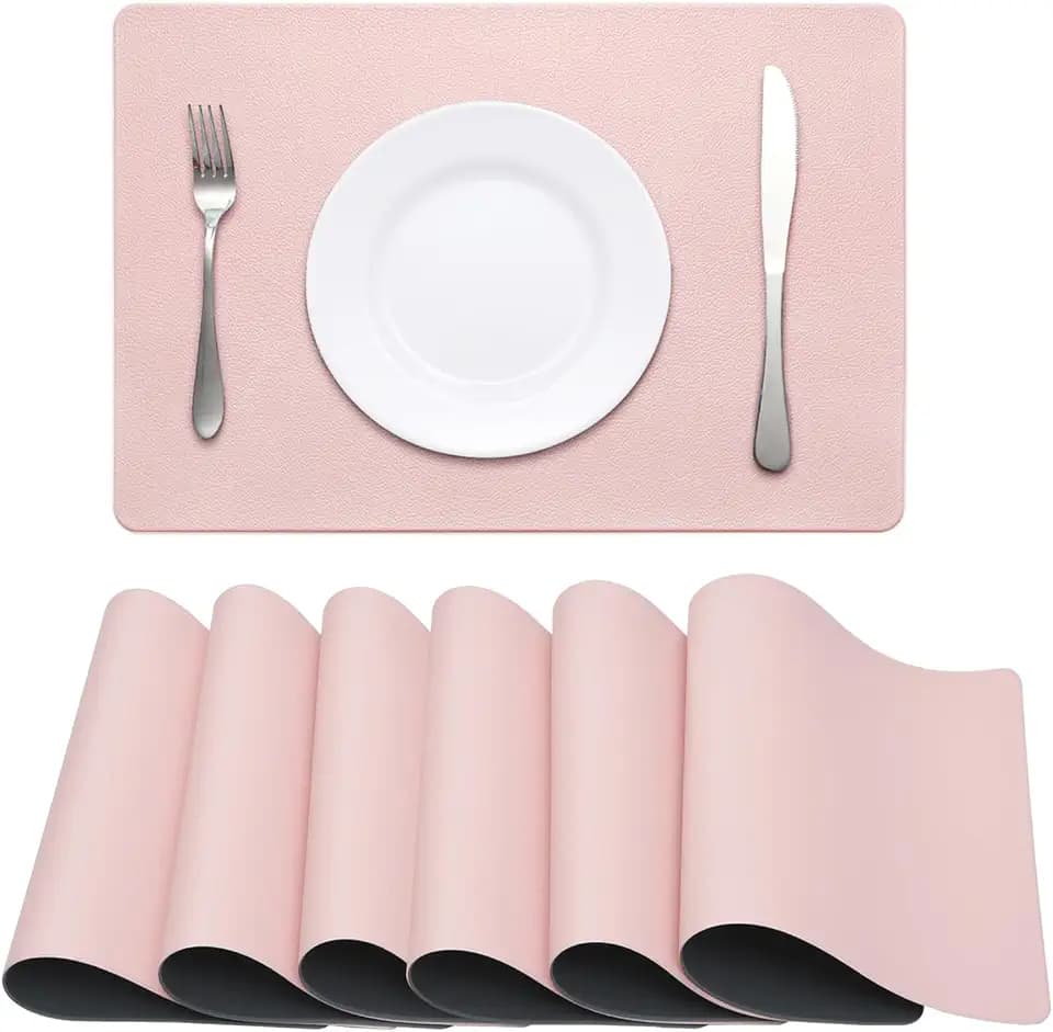 Faux Leather Placemats HeloHo Pink and Grey Table Place Mats Set of 6 Waterproof Oilproof Heat Stain Resistant Washable Wipeable Placemat for Kitchen Dining Table Decoration Indoor Outdoor