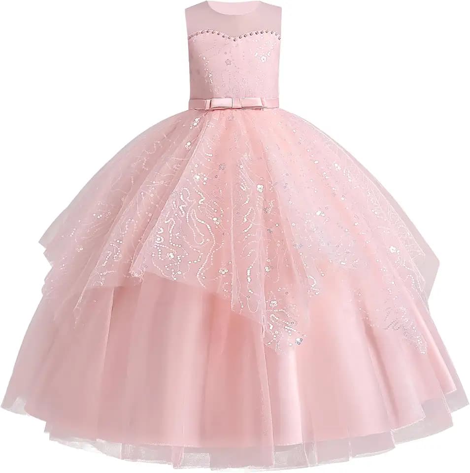 IDOPIP Kleid für Kinder, Mädchen, Hochzeit, Spitze, Tüll, ohne Ärmel, Stickerei, Perlen, Schleife, Brautjungfer, Geburtstag, Party, Prinzessin, lang, Ballkleid, Abendkleid