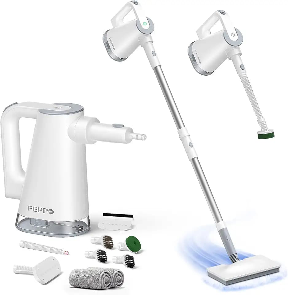 FEPPO Dampfreiniger 10-in-1 mit abnehmbarem Handdampfreiniger, 15 s Aufheizzeit, 230°F Heißdampf, als Dampfmop mit Zubehör & 2 Pads, für Böden, Parkett, Fliesen, Fugen, Teppich, Küche & Bad