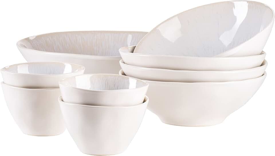 MÄSER Serie Frozen 9-teiliges Bowl Set aus schöner Keramik, 1 Salatschüssel, 4 Ramen Schalen und 4 Dip Schälchen, organische Formen im Vintage Look, händisch lasiert, Steinzeug, Weiß, 26